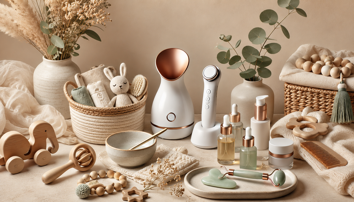 A styled flat-lay of a white and rose gold beauty device set, including a facial mask device, a handheld facial cleansing brush, and several skincare bottles and jars, arranged with baby toys, dried flowers, and eucalyptus in a warm neutral setting.