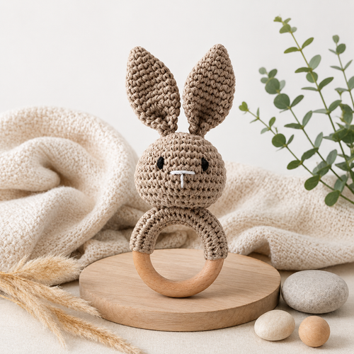 Crocheted Bunny Teether with Wooden Ring