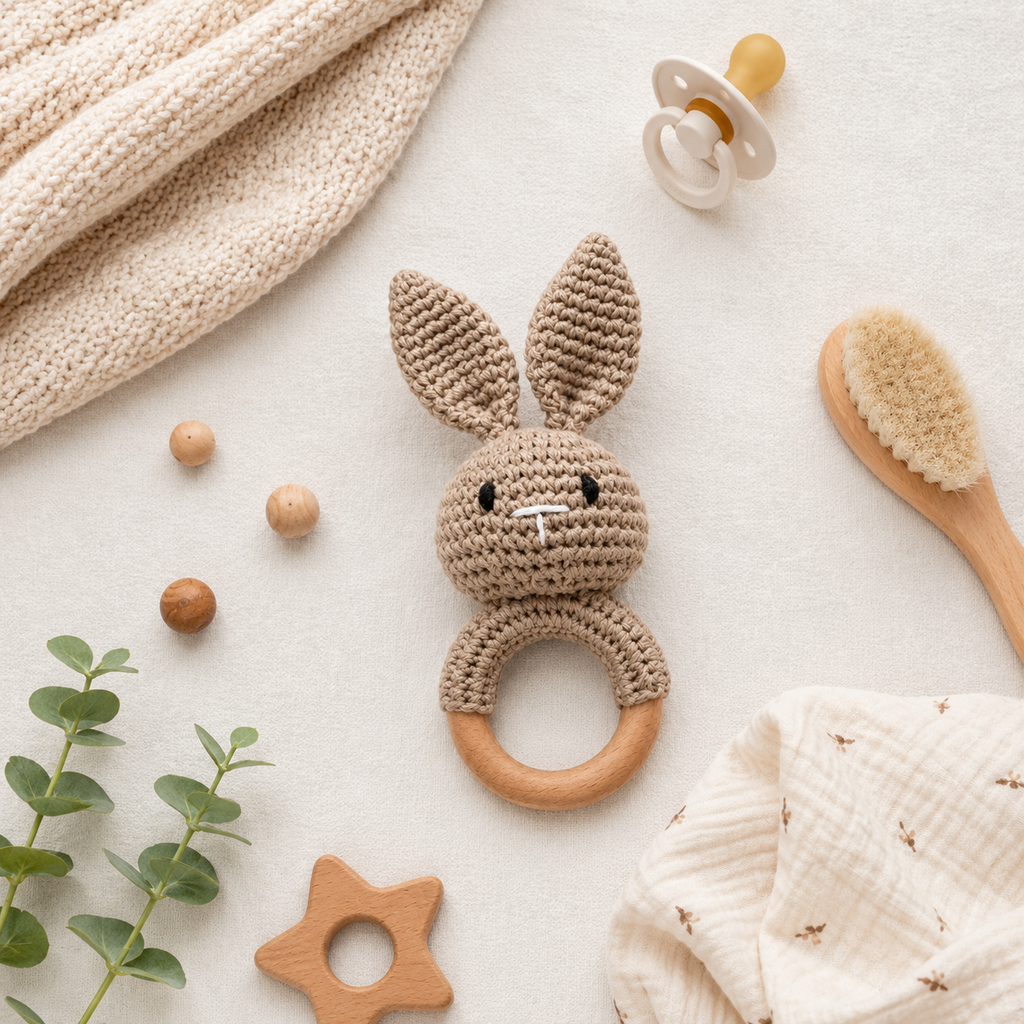 Crocheted Bunny Teether with Wooden Ring