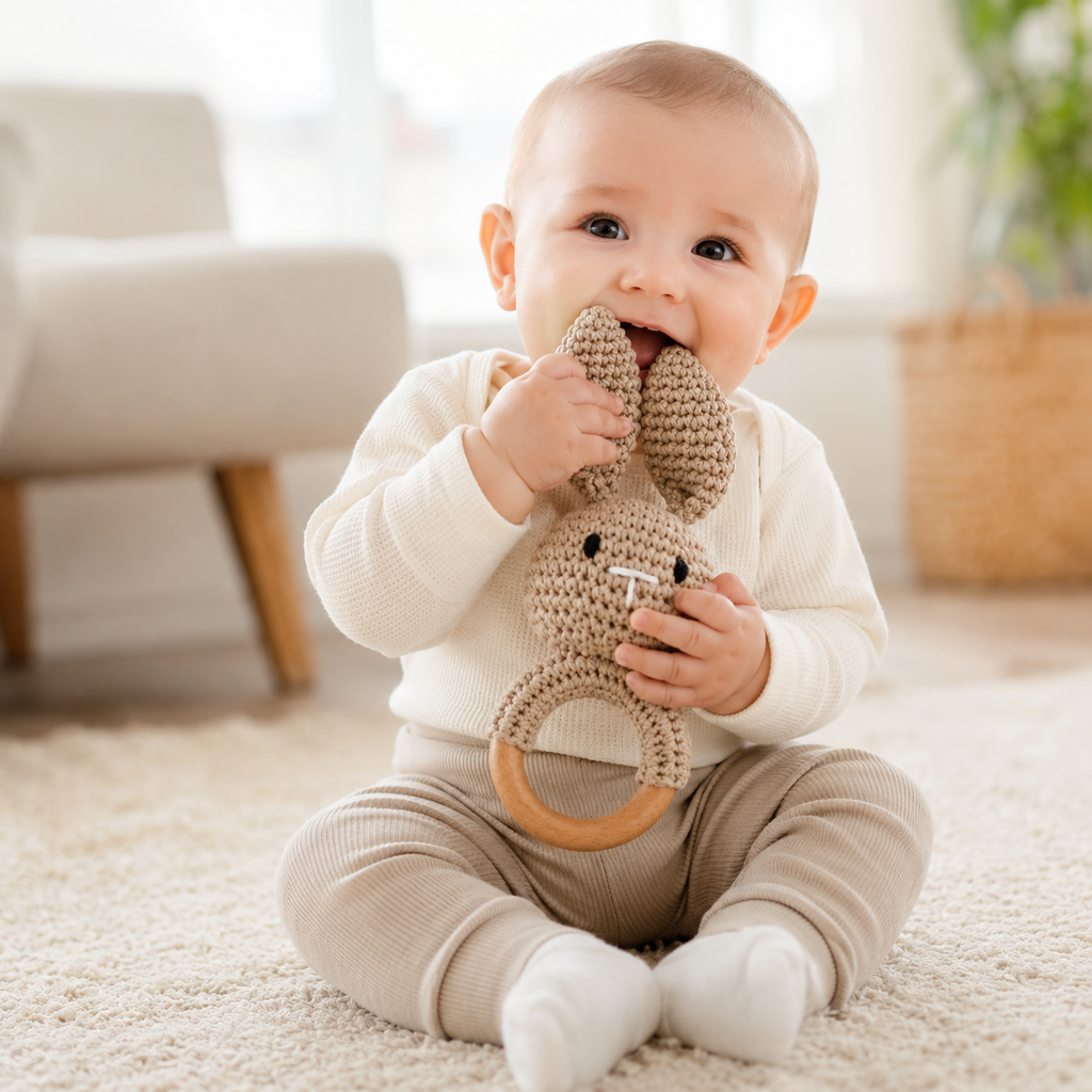 Crocheted Bunny Teether with Wooden Ring