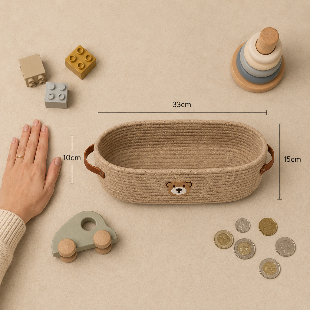 A woven rope basket with side handles and a small bear face on the front, shown on a beige surface with surrounding toys and measurement lines indicating 33 cm width, 10 cm height, and 15 cm depth. A hand is visible at left, and other children's toys are arranged around the basket.