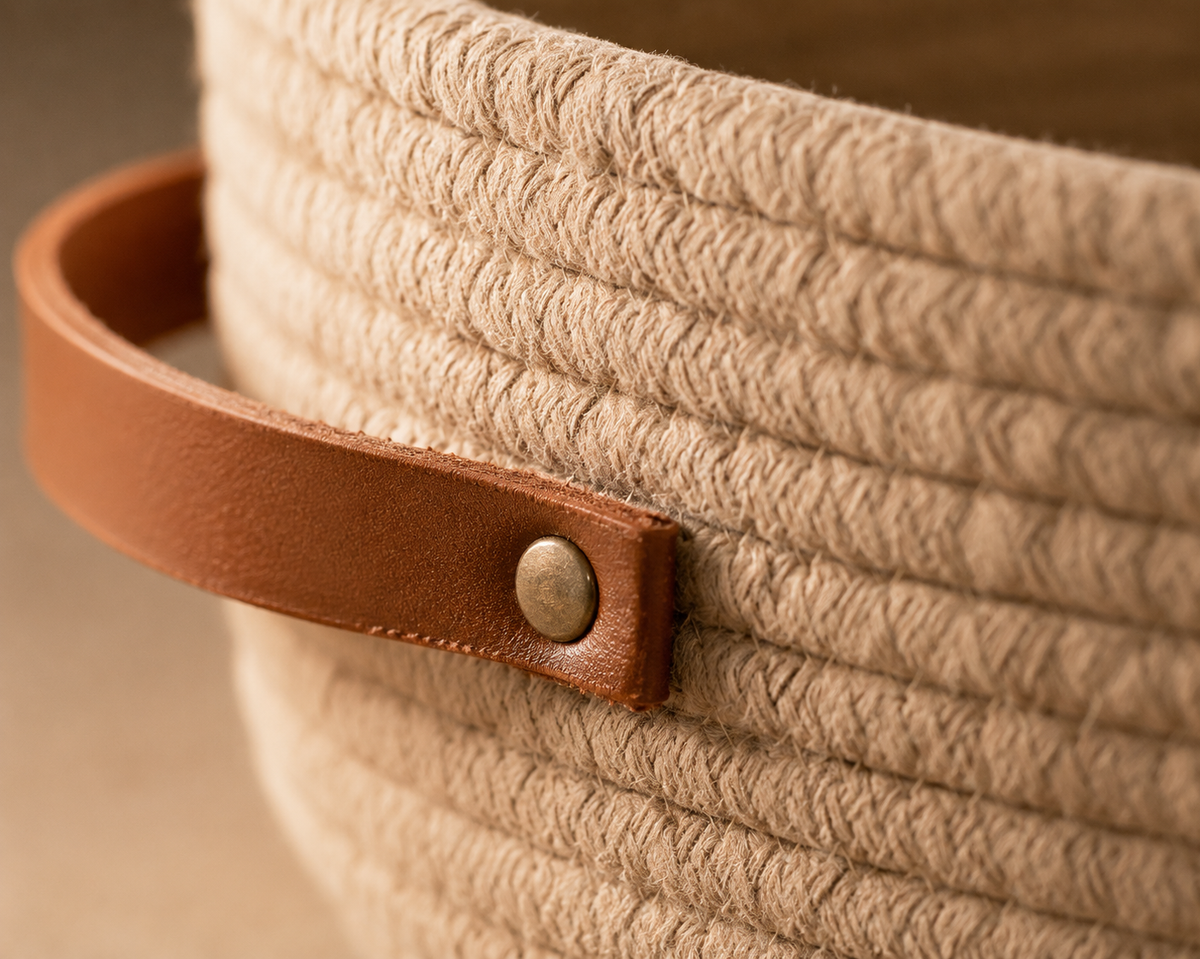 Close-up of a woven basket with a tan leather handle and a brass metal rivet.