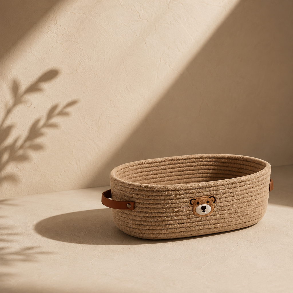 A round woven basket organizer with brown leather handles sits on a cream carpet in a softly lit nursery. Inside the basket are a small teddy bear, a white pump bottle, and a white bottle, with a teddy bear face embroidered on the front.