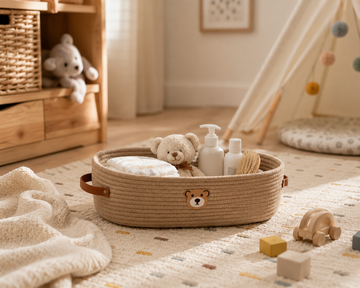 A round woven basket organizer with brown leather handles sits on a cream carpet in a softly lit nursery. Inside the basket are a small teddy bear, a white pump bottle, and a white bottle, with a teddy bear face embroidered on the front.